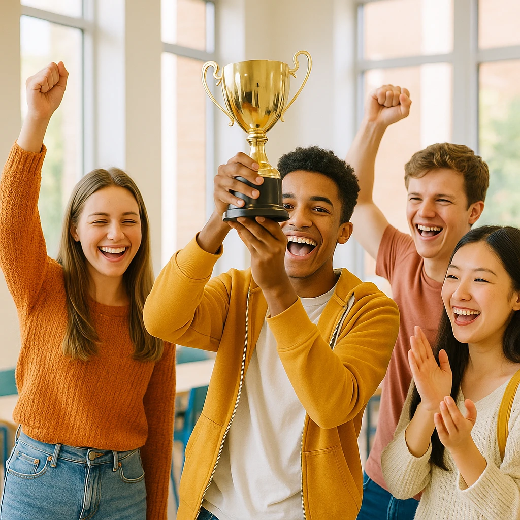 4 étudiants célébrant avec un trophée, ambiance chaleureuse, style moderne et lumineux, bright and modern atmosphere emoji
