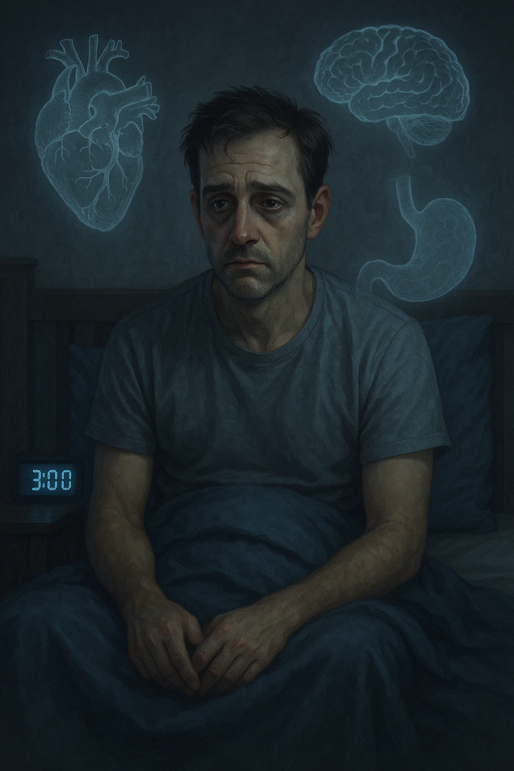 a man sits awake in bed in the middle of the night, dark circles under his eyes and a tired, anxious expression. The room is dimly lit by the blue glow of a phone or digital clock showing 3:00 AM. Around him, faint ghostly overlays of anatomical drawings highlight affected organs—heart, brain, and stomach—symbolizing the physical harm caused by disrupted sleep. emoji
