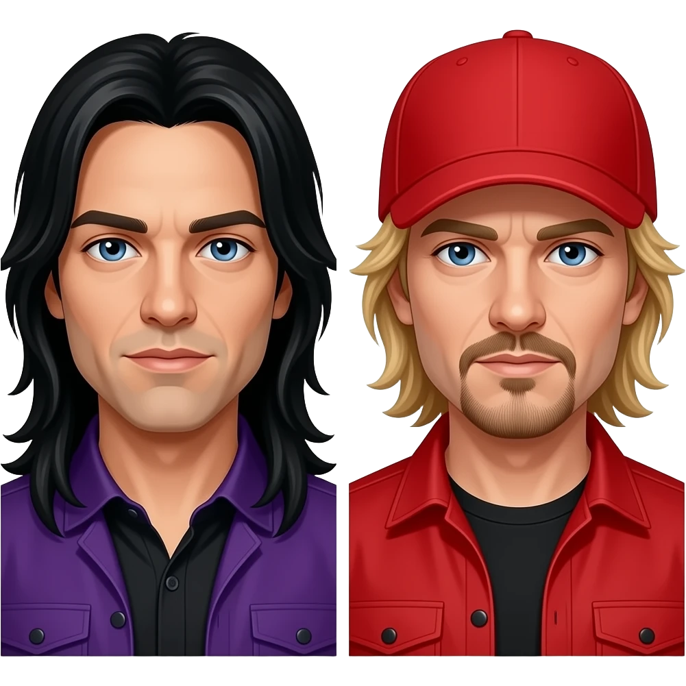 Jonathan Davis with long black hair, purple outfit and Fred Durst with blue eyes, blonde hair, red cap, red outfit emoji