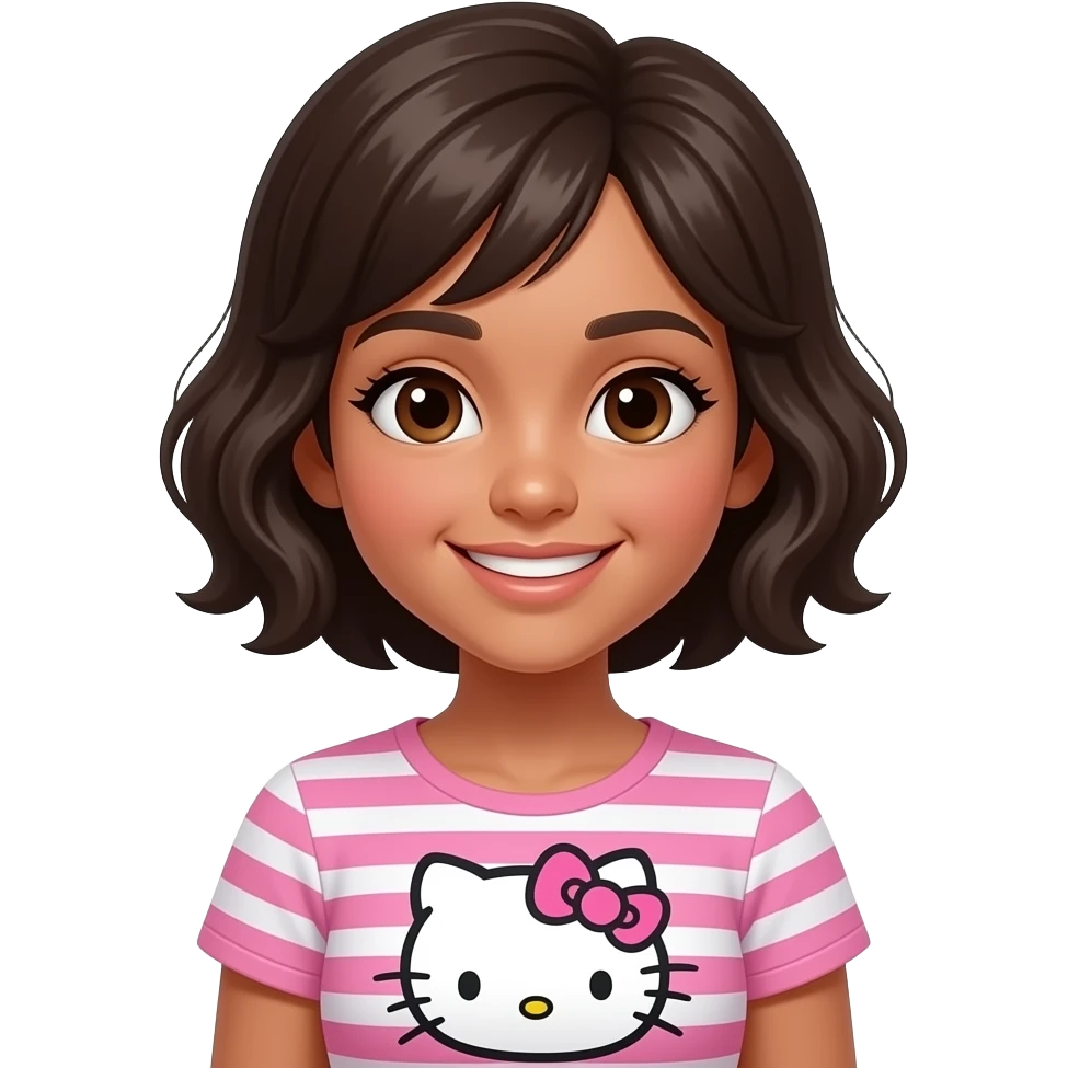 Chica pelinegra con pelo ondulado y corto, ojos marrones, piel morena, que tenga ropa de hello Kitty, que el emoji parezca un emoji estilo iPhone emoji