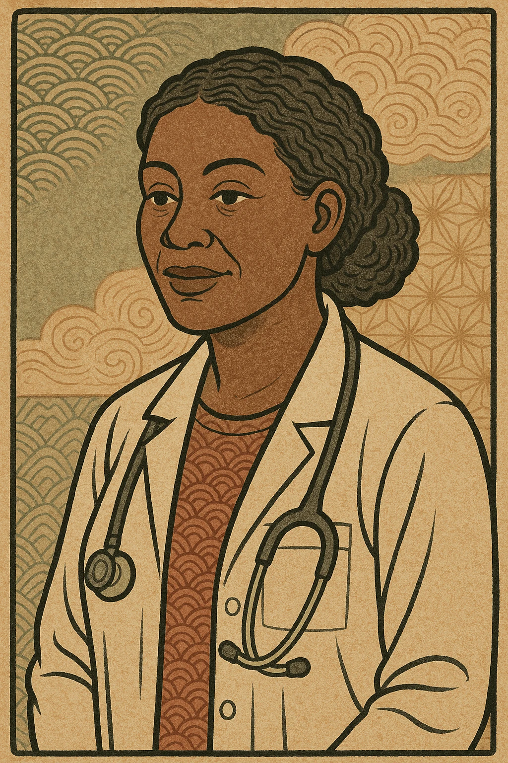A modern day black female doctor who is experienced and middle aged emoji