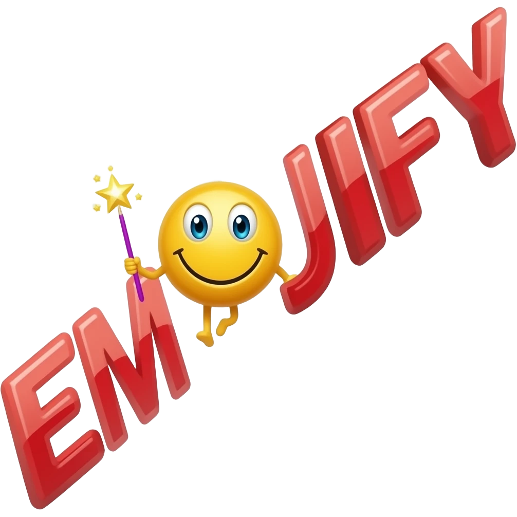 Red text "EMOJIFY" in candid style is stretched in height and width. Letter "O" is a smiley face with a magic wand. Transparent background. emoji