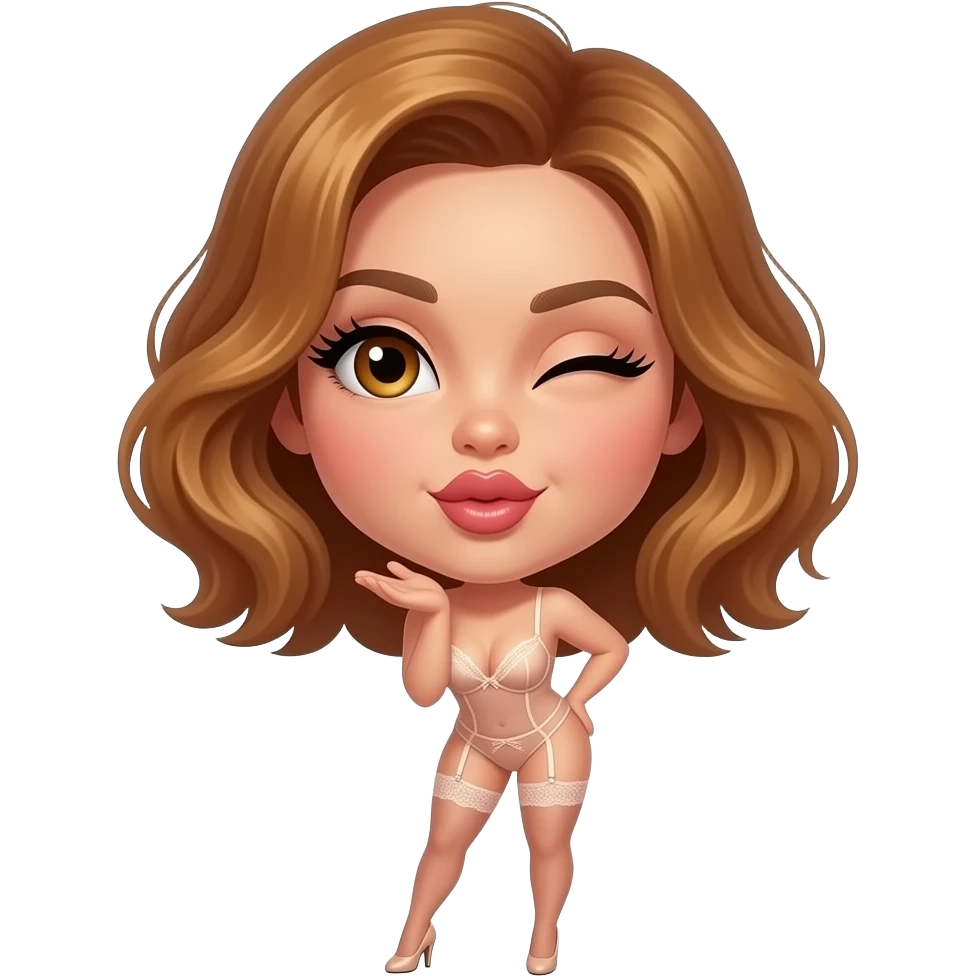 glamours,-tanned,-very-beautiful-woman-with-big-plump-rose-beige-lips,-long-lashes,-honey-silky-very short- hair,-wavy-hair,-hazel-eyes-wearing-nude-lace-lingerie-nude-stilettos-Looks-sexy-winking-blowing-kiss-from-hand-full-body emoji