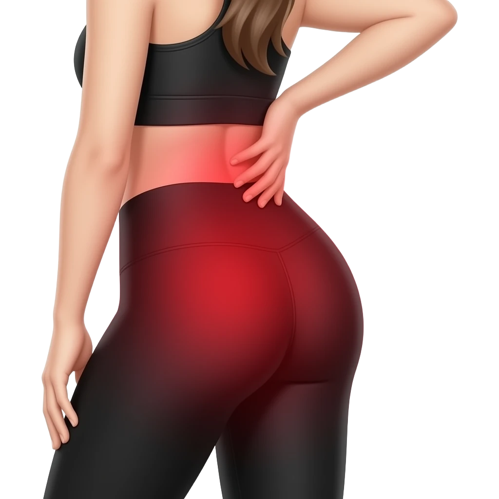 glute pain, full red glow covering the entire glute and hip area, side pose, woman touching hip and glute area, fair-skinned woman, gray-blue eyes, ash brown brows, ash light brown hair tied back, slim athletic body, black workout set emoji