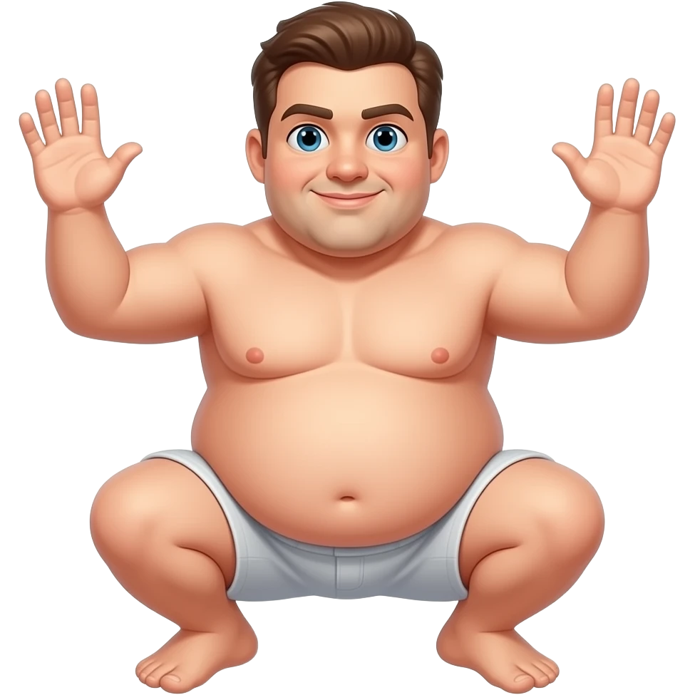 Naked chubby guy, crouching hands up tiny penis emoji