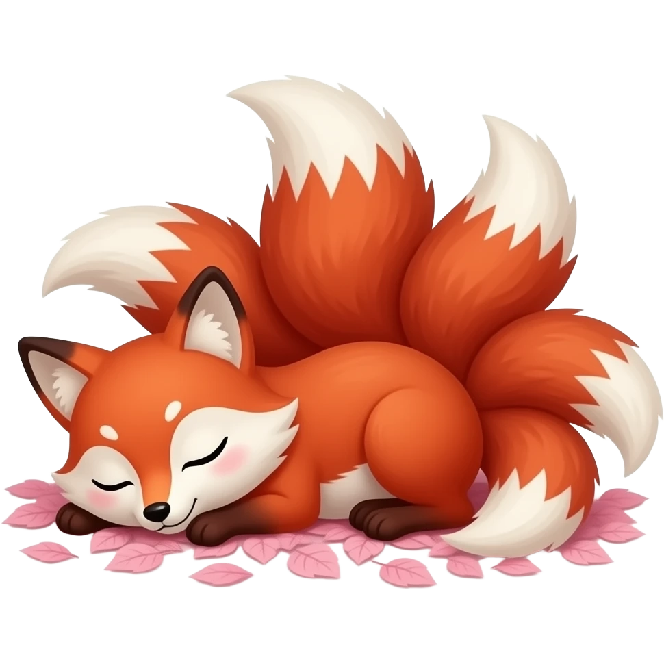 red and white nine tailed fox sleeping in pink tree leaves emoji