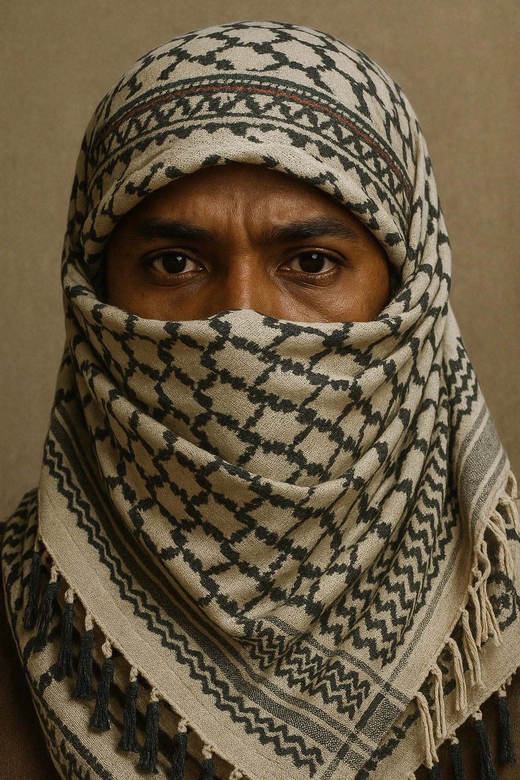 A brown-skinned person with a keffiyeh scarf covering all but the eyes, traditional Palestinian style emoji