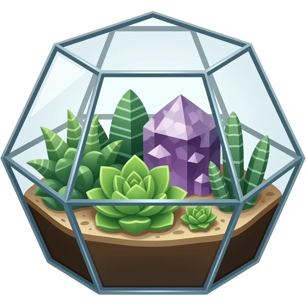 succulent geometrical terrarium with amethyst cluster inside emoji