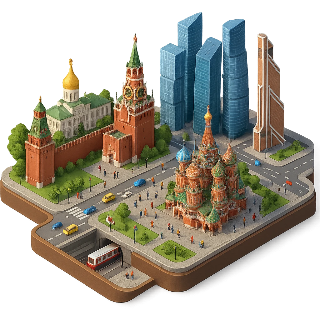 Изометричная миниатюрная 3D модель Москвы на подставке - фотореалистичный Кремль, собор Василия Блаженного, фотореалистичный Башни Москва-Сити, аккуратная детализация, четкие линии, яркие цвета, мультяшный реализм, гуляют люди и современный автотранспорт и метро, компактная композиция, вид сверху в изометрии, прозрачный фон emoji