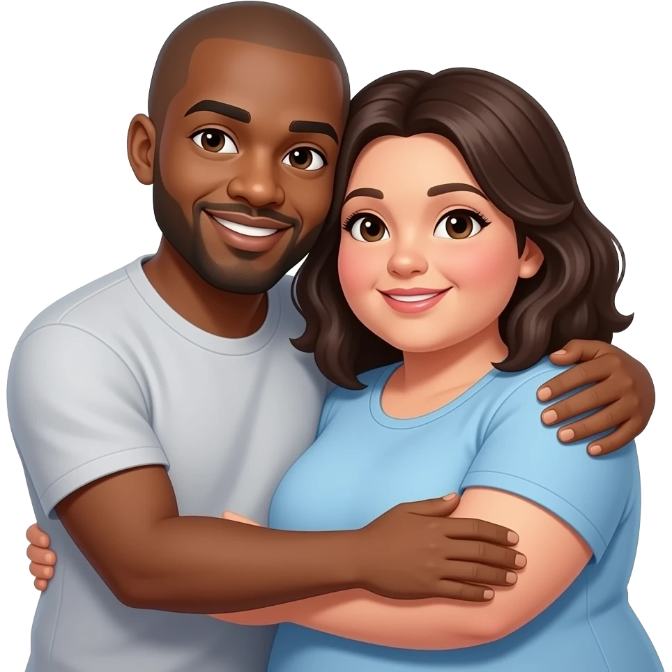 Black boyfriend with bald head hugging fat brunette girlfriend emoji