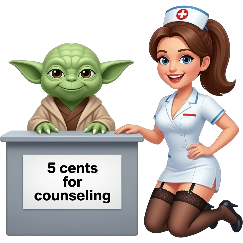 Yoda sitting at a help booth , 5 cents for counseling sign,  sitting in front of a nurse who is kneeling ,brunette with pony tail and very large breasts, wearing only garter belts , and only  all black skimpy lingerie, nurse is smiling  with open mouth emoji