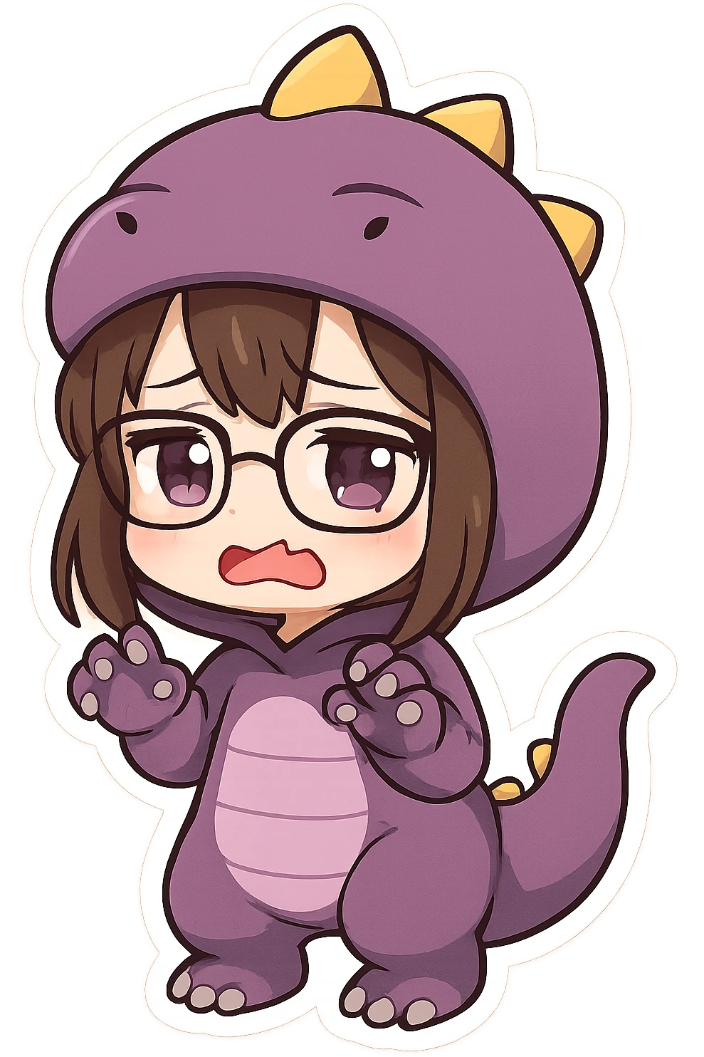 Chibi anime style girl with glasses, brown hair, dark purple eyes, wearing a purple dinosaur costume, sad expression, clawing the air with her hands, showing her teeth, no controller, no background. emoji