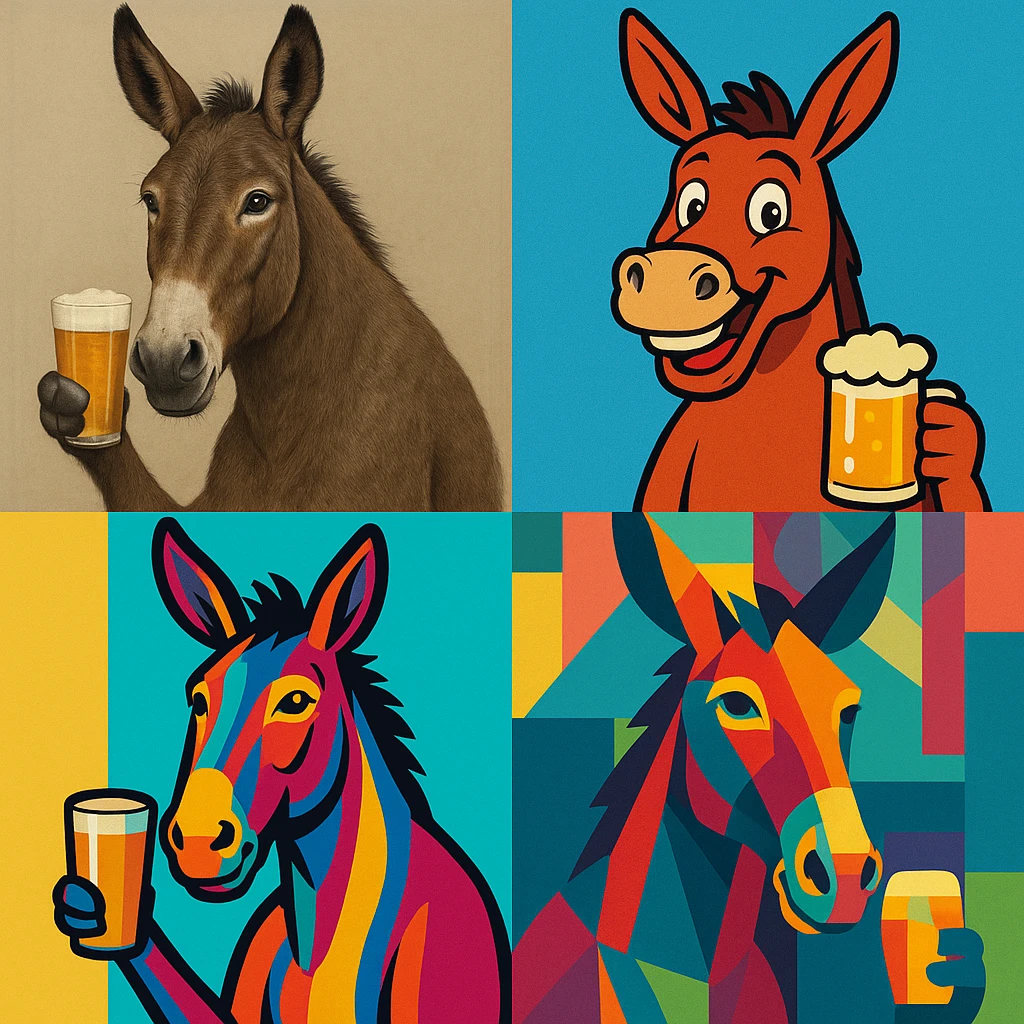 a mule holding a beer, four distinct visual styles emoji