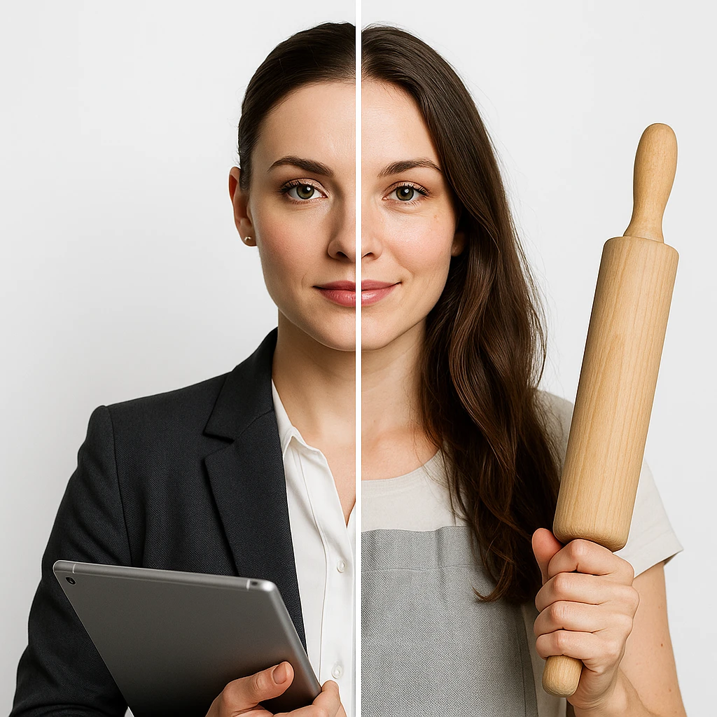 4K hyper realistic split-image of a beautiful woman: left side with subtle office makeup, neat bun, blazer, holding a tablet; right side natural, hair down, kitchen apron, holding a rolling pin, soft smile, symmetrical, white background, clear contrast emoji