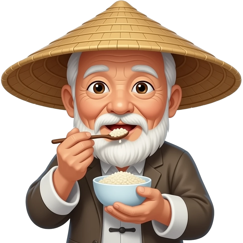 A chinise old man eating rice that is dih preeases and make him have a giant hat emoji