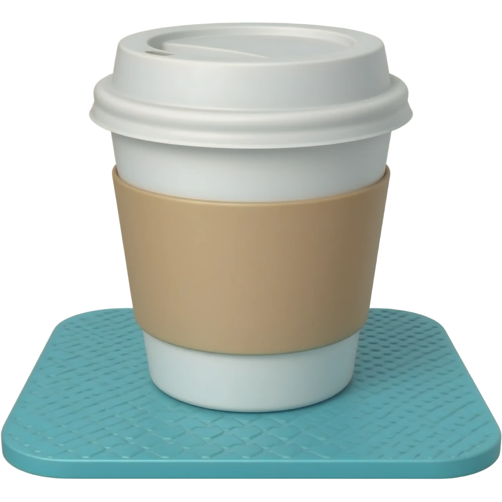 белый стакан кофе на вынос, белая крышка, бирюзовый картонный подстаканник, emoji