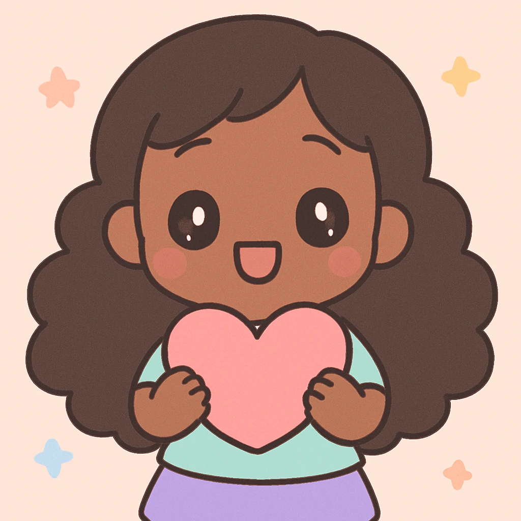 chibi anime black girl with long curly hair, smiling, holding a pink heart, kawaii style emoji