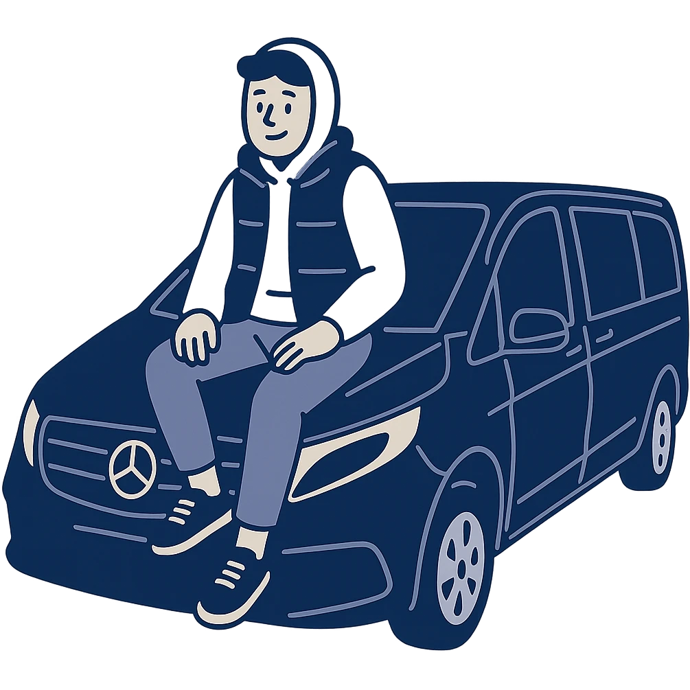 minimal flat icon style of a guy in a white hoodie, black vest, and sneakers, sitting on the hood of a black Mercedes V-Class van emoji