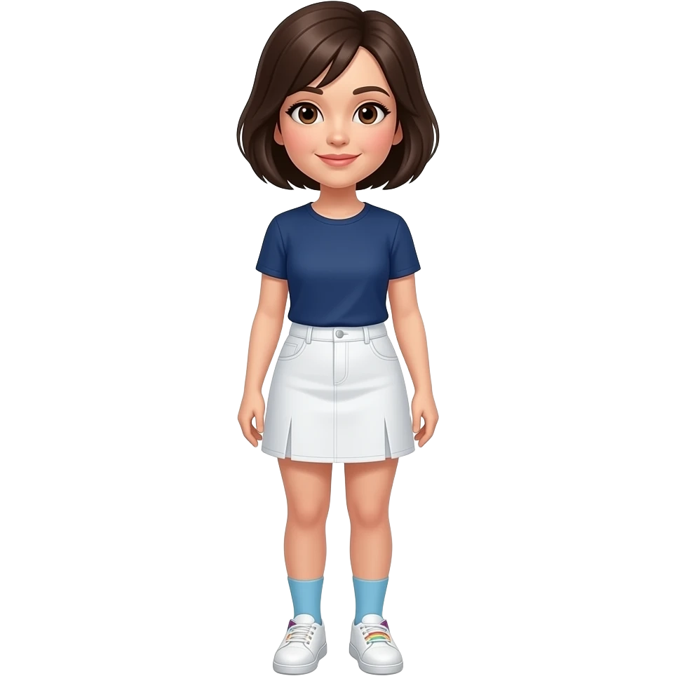 An adult woman with brown eyes, Dark Brown hair styled as a shoulder length Pixie cut, fair skinned, and wearing a white skort, a dark blue T-shirt, pale blue socks and white shoes with rainbow cats on them. emoji