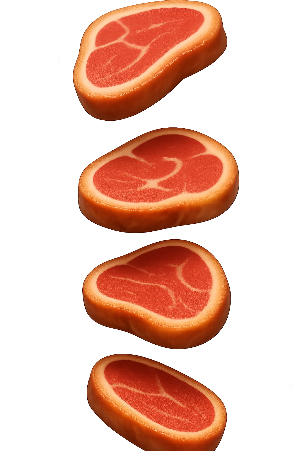 emoji stile iphone in 3d di fette di carne che cadono verticalmente dall'alto, iperrealistico 4k emoji