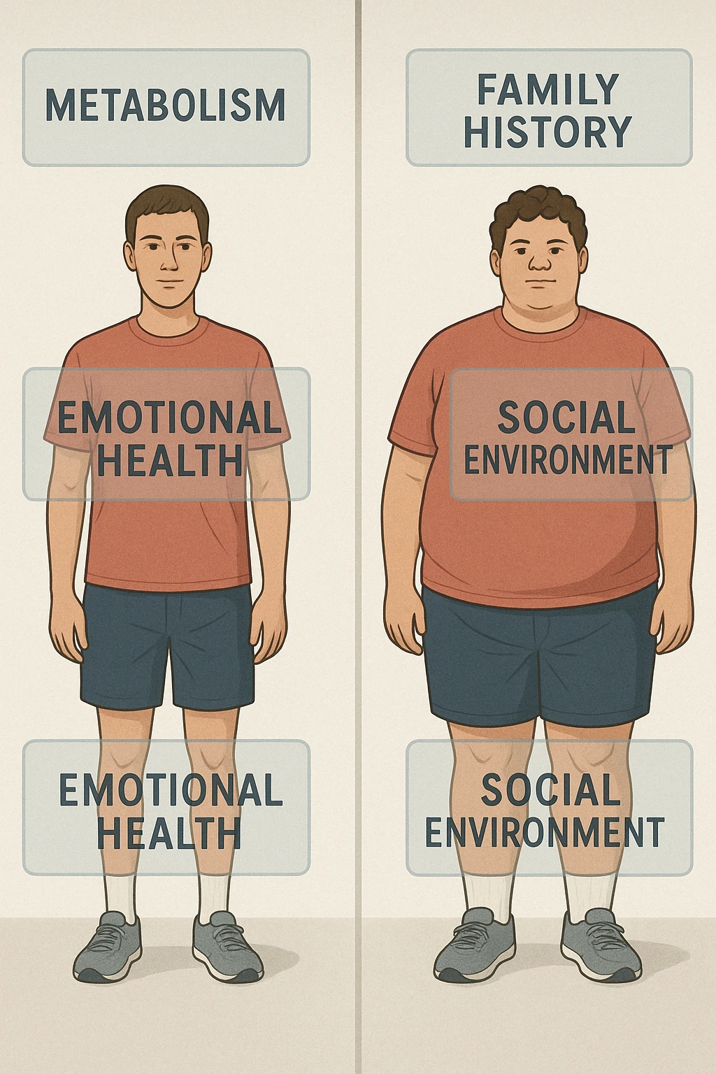 a split illustration showing two individuals with similar lifestyles but different body types. Around them, transparent overlays display factors such as metabolism, family history, emotional health, and social environment, highlighting the complexity behind body weight differences. The background is neutral and modern. realistica emoji