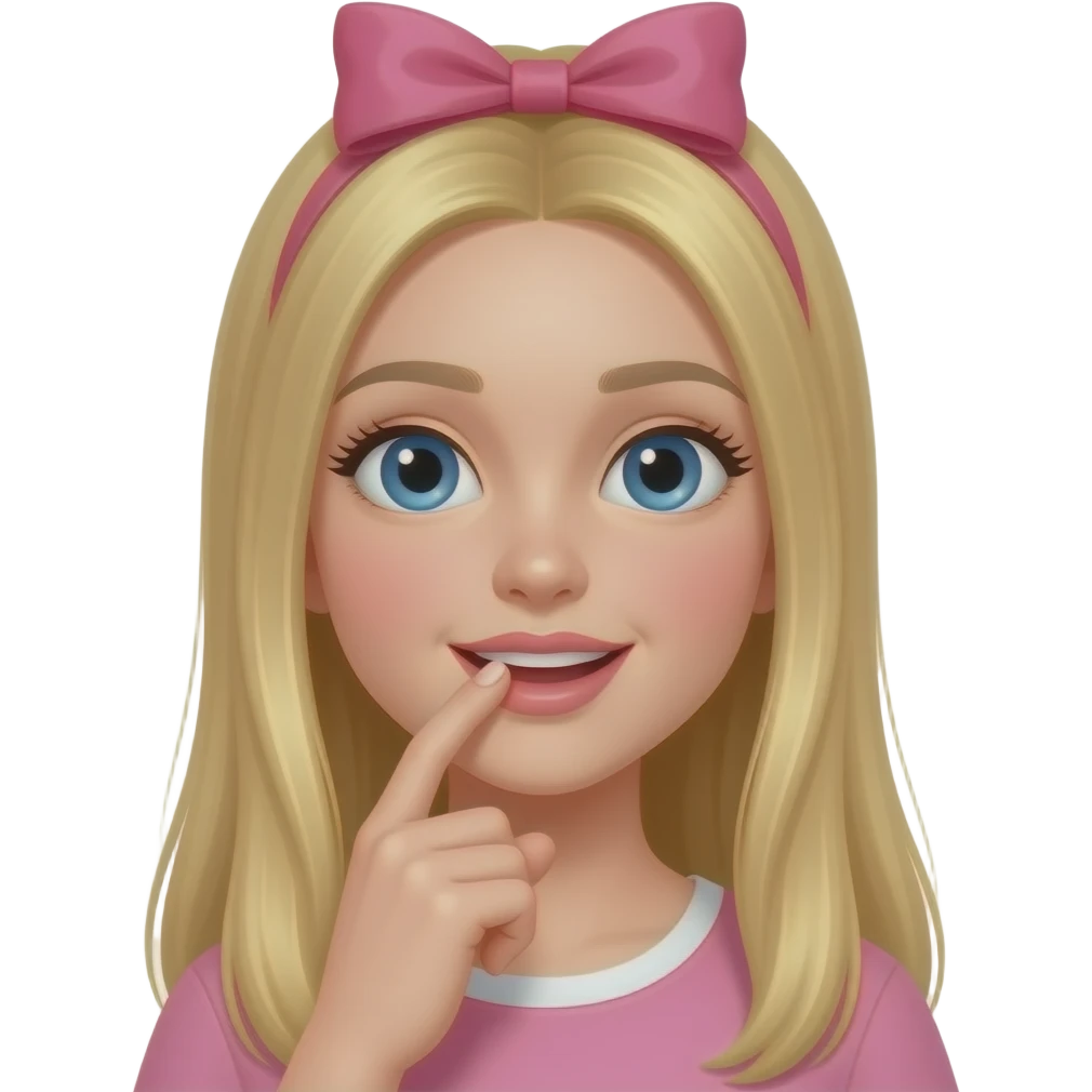 que se muerda el dedo la chica un poco mar realista el pelo rubio y largo lacio nariz perfecta y el lazo rosa el  dedo un poco mas a dentro de la boca emoji