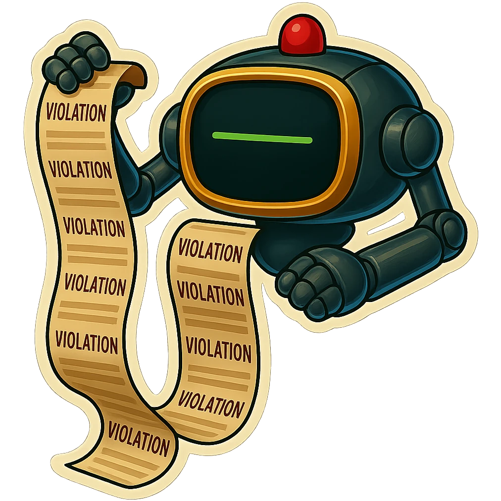 auditor robot prints out violations from a visible slot.  no legs. the robot hovers emoji