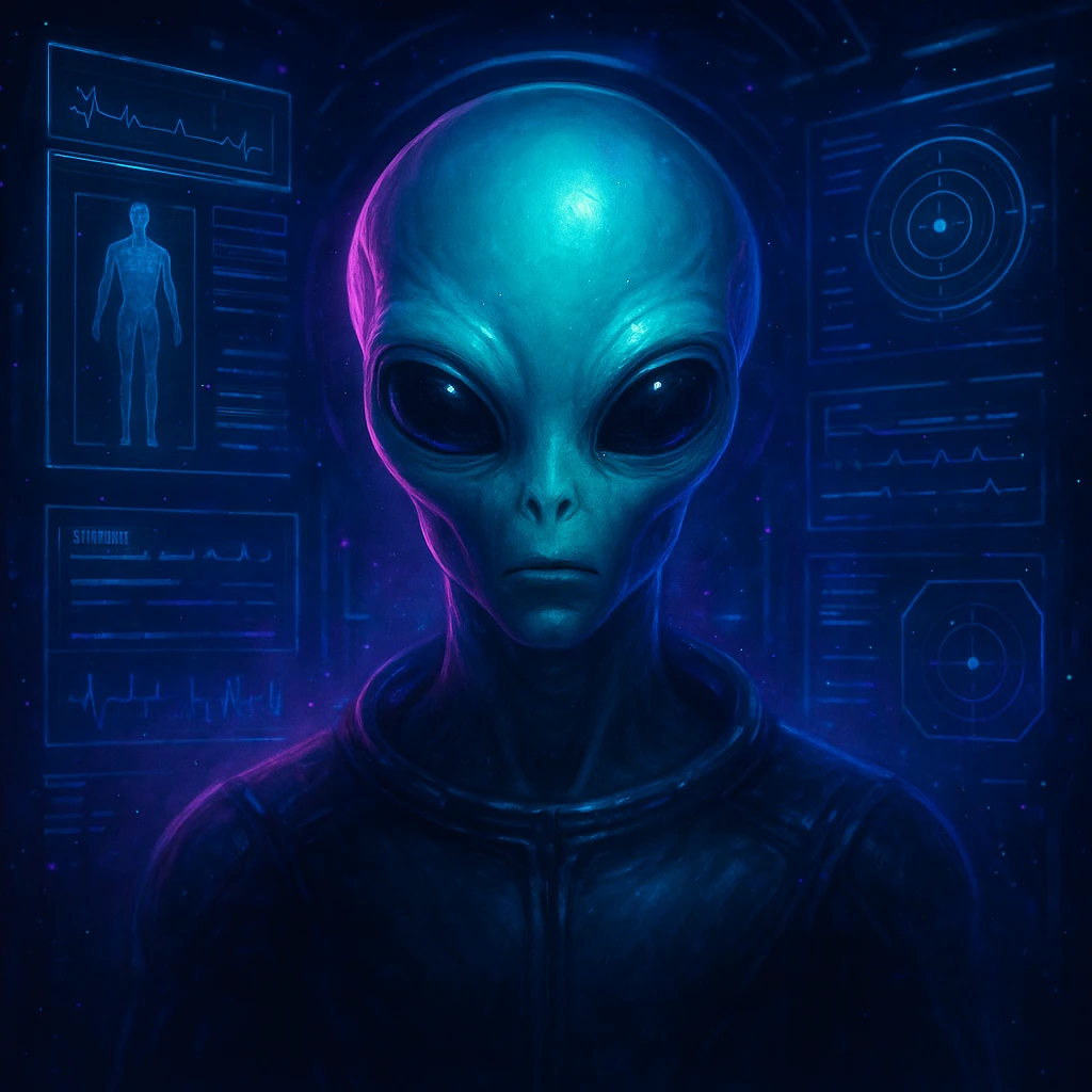 Epic alien inspired by the reference image, surrounded by holographic life support stats, cinematic lighting, glowing blue and purple highlights, no text, no controller, no hoodie, focus on sci-fi atmosphere, in a detailed sci-fi style. emoji