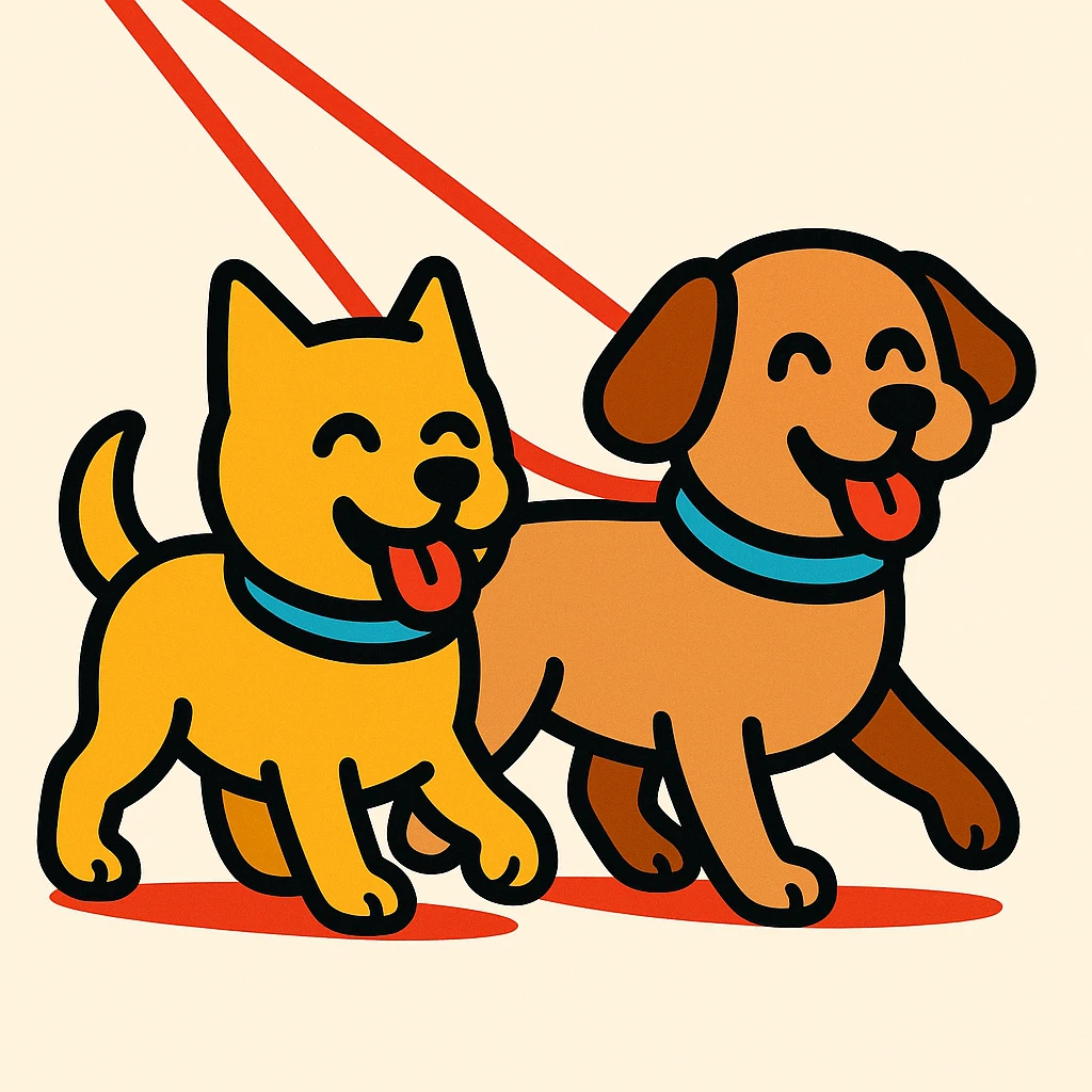 Minimalist version of the emoji showing two happy dogs walking together on a double leash, with simple lines and few details, in a friendly and clear style. emoji