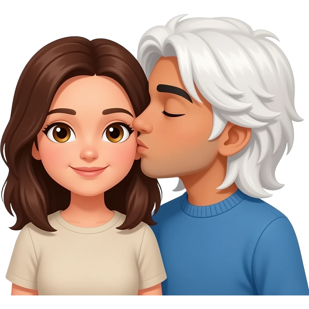Brown Pakistani boy with no facial hair, long white shoulder-length hair, wearing a blue sweater, kissing an neutral-toned girl with almond shaped hazel eyes and shoulder-length brown hair emoji