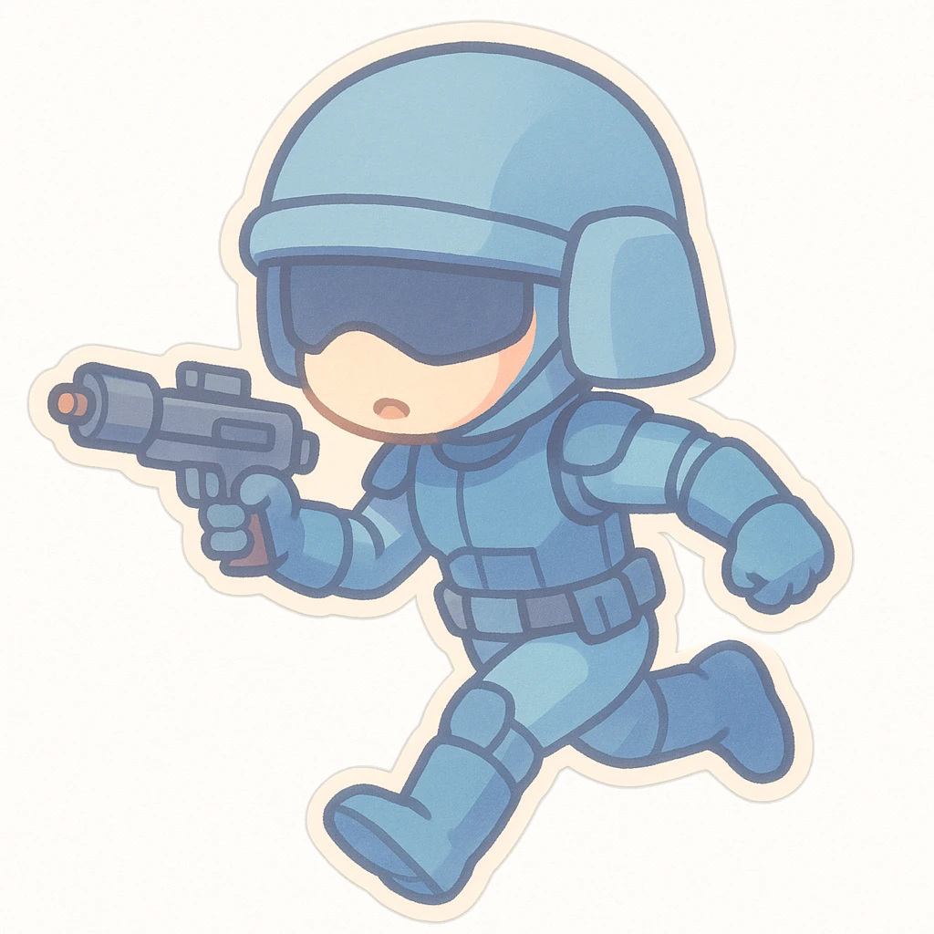 chibi sticker of a sci-fi soldier in a mostly blue uniform, running with a blaster, dynamic pose, pastel colors, white background emoji