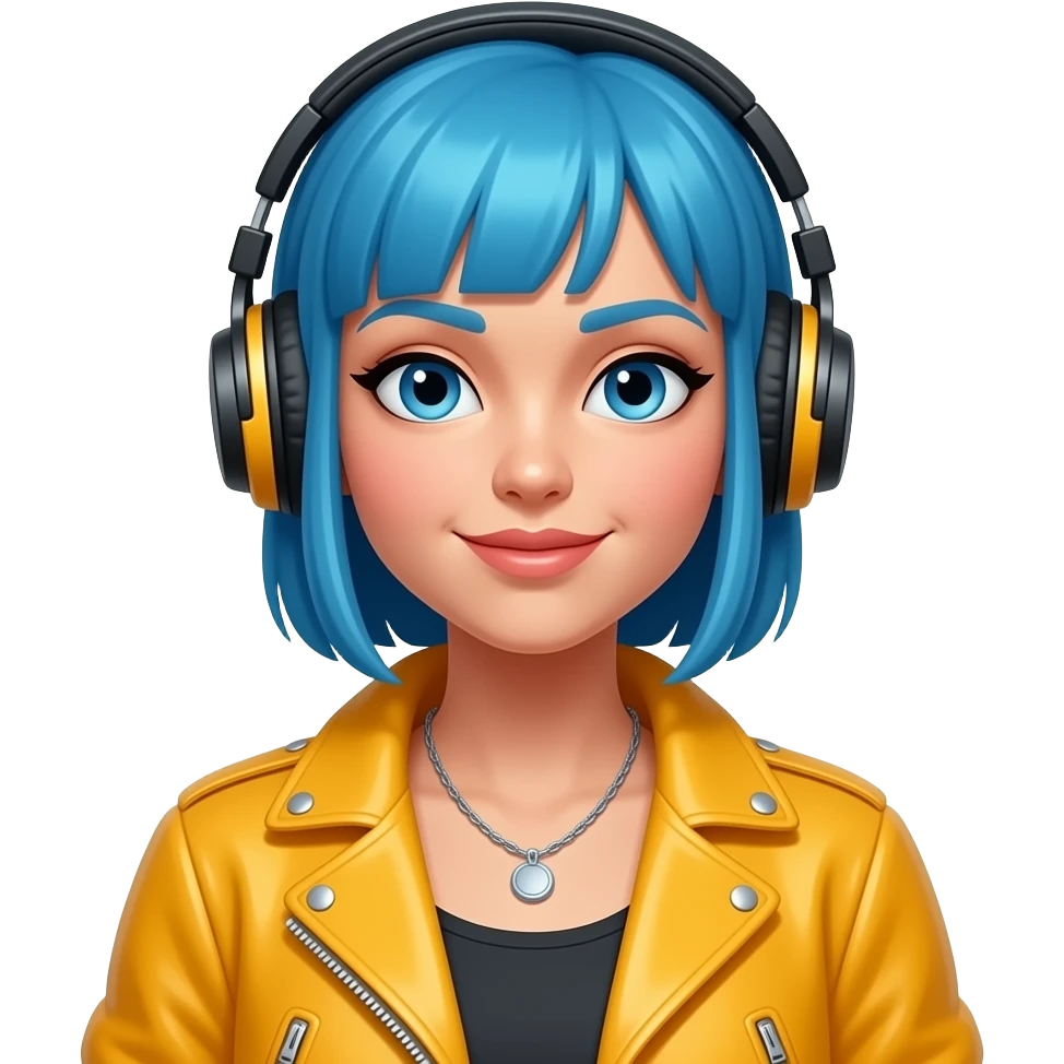 female blue hair Dj  with bright jacket, head phoes emoji
