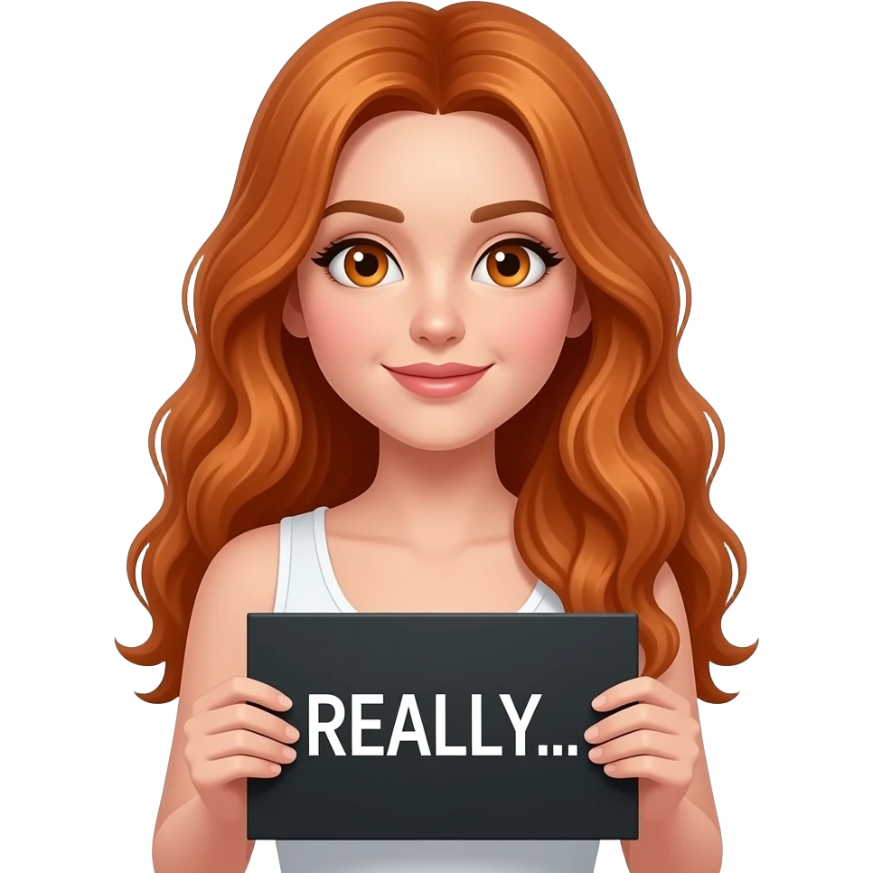 sexy girl with long wavy ginger hair and ginger eyes wearing a white tanktop is holding a black colored sign with REALLY... written on it emoji
