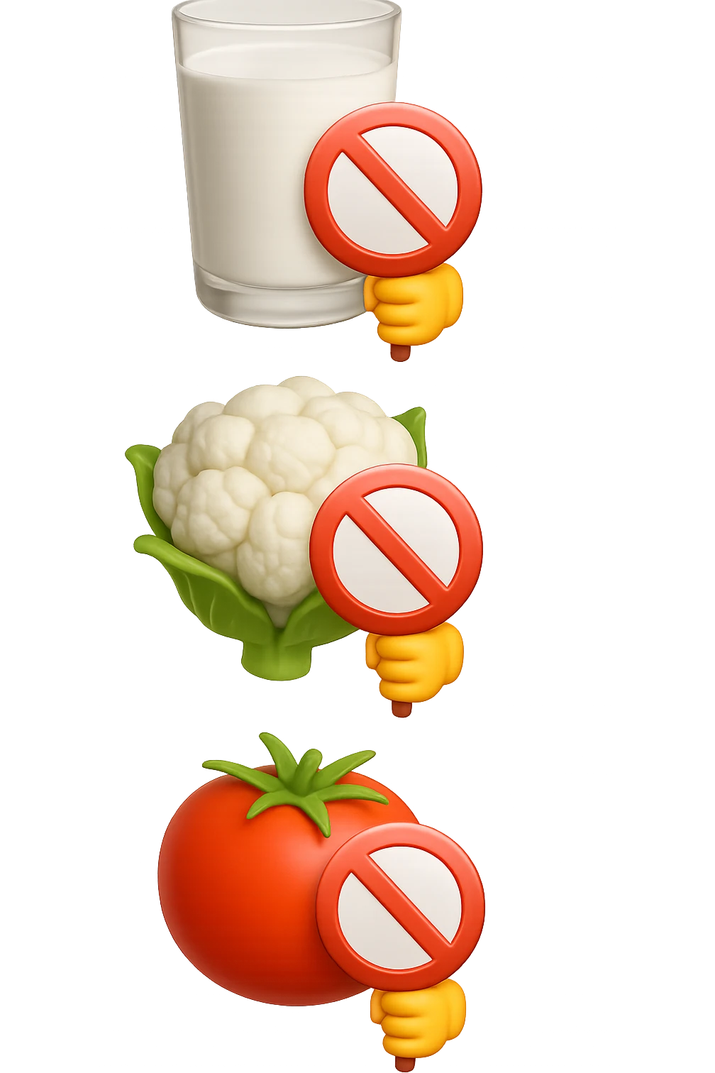emoji stile iphone di un BICCHIERE DI LATTE CAVOLFIORE E POMODORO CHE FLUTTUANO IN ARIA VERTICALMENTE CON DIVIETI IN MANO, iperrealistico 4k, isolato su sfondo bianco emoji