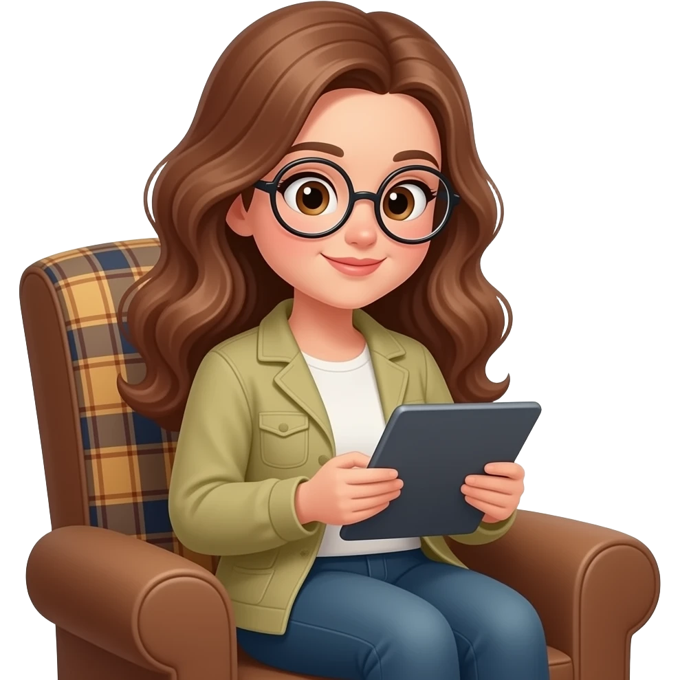 detailed emoji illustration of a curvy woman with long light chestnut brown wavy hair, light brown eyes and round glasses sitting in a brown armchair with a planket scottish pattern in the back while reading on an e-reader tablet, cozy reading atmosphere, cute emoji style emoji
