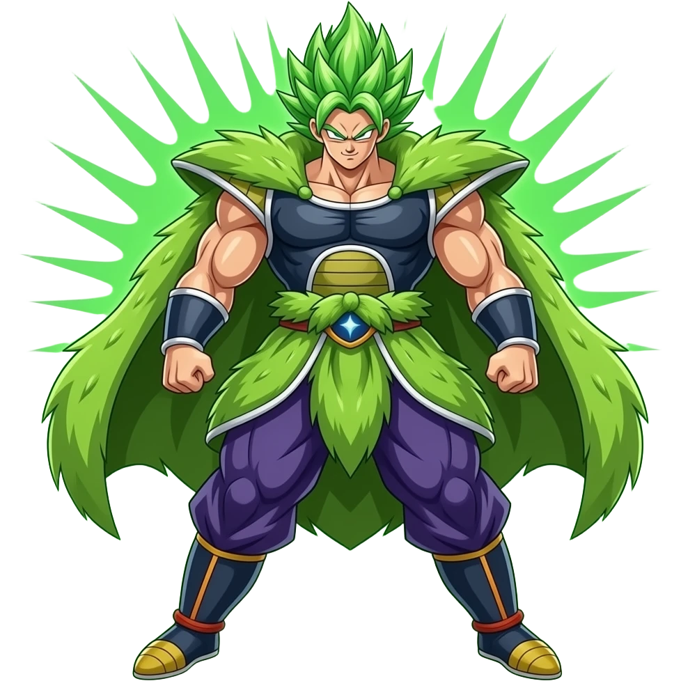 Un broly super poderoso y musculoso con capa peluda un aura grande y pose de pelea  y verde con cuerpo entero y el pelo de un verde florescente y rayos verdes al alrededor emoji