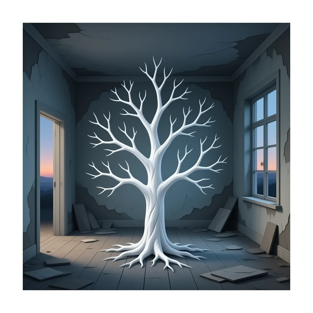 surrealistic - white bare haunted tree grows in a dilapidated room. emoji