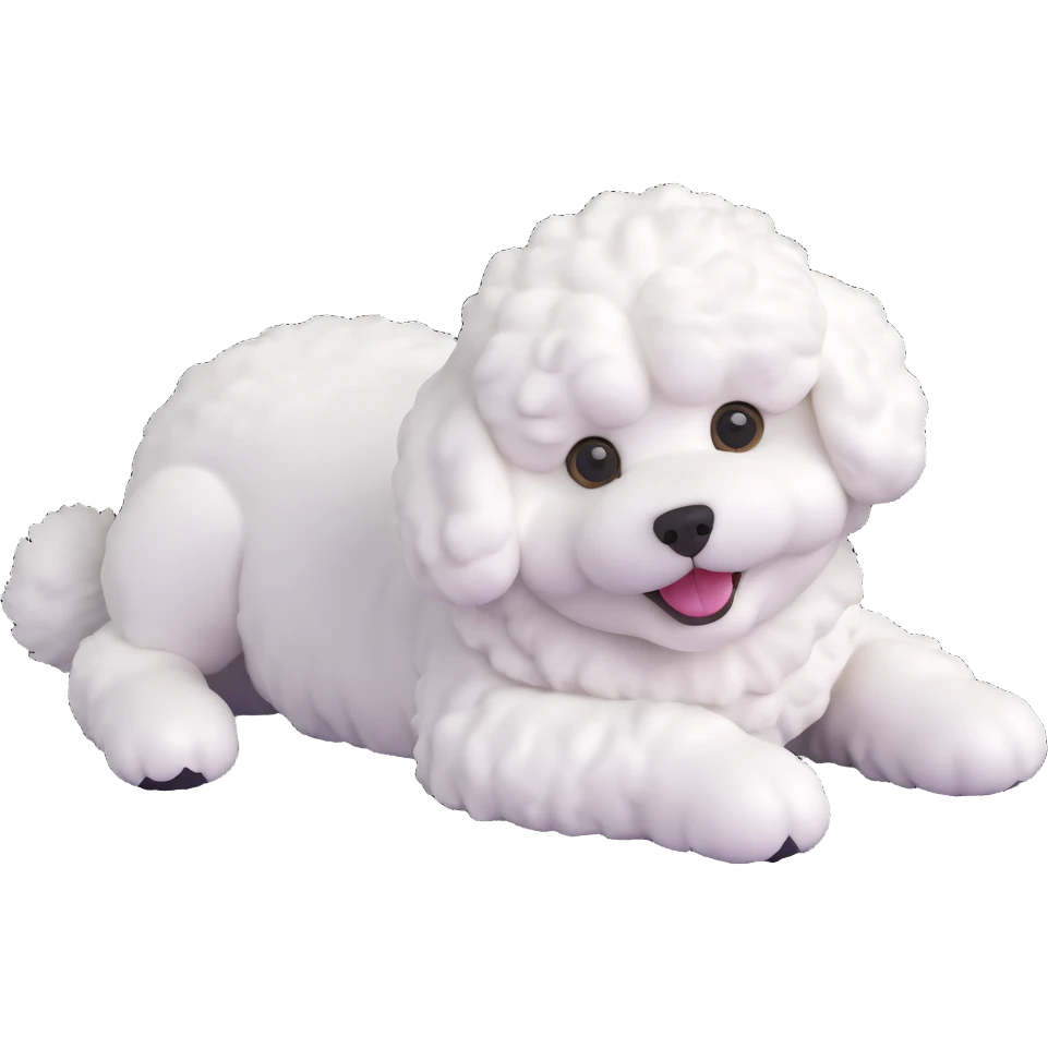 bichon frise dog, lying down, curly white fur, happy, clean background emoji