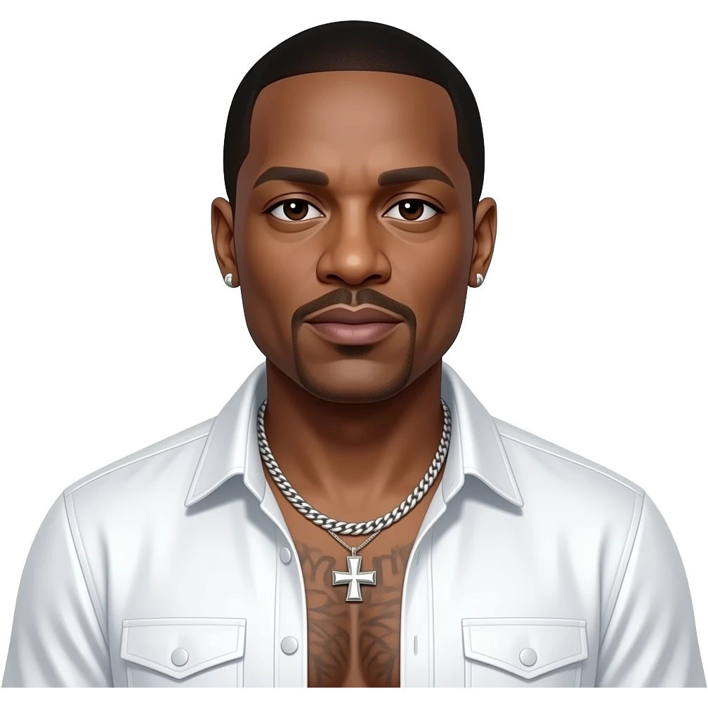P Diddy with dark brown eyes, black hair, white metallic open shirt, shirtless with silver necklace and short earrings emoji