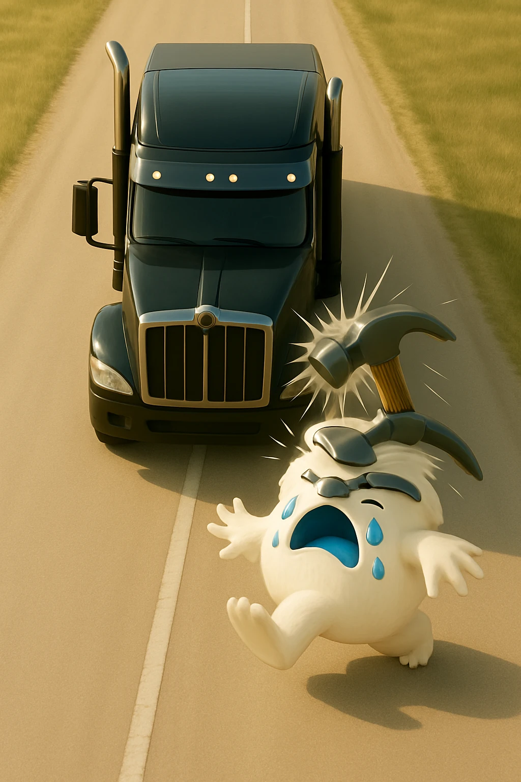 Increase the distance between the truck and the abominable snowman in a light and realistic scene. Show a hammer actively hitting the snowman from a top-down view. No text in the image. emoji