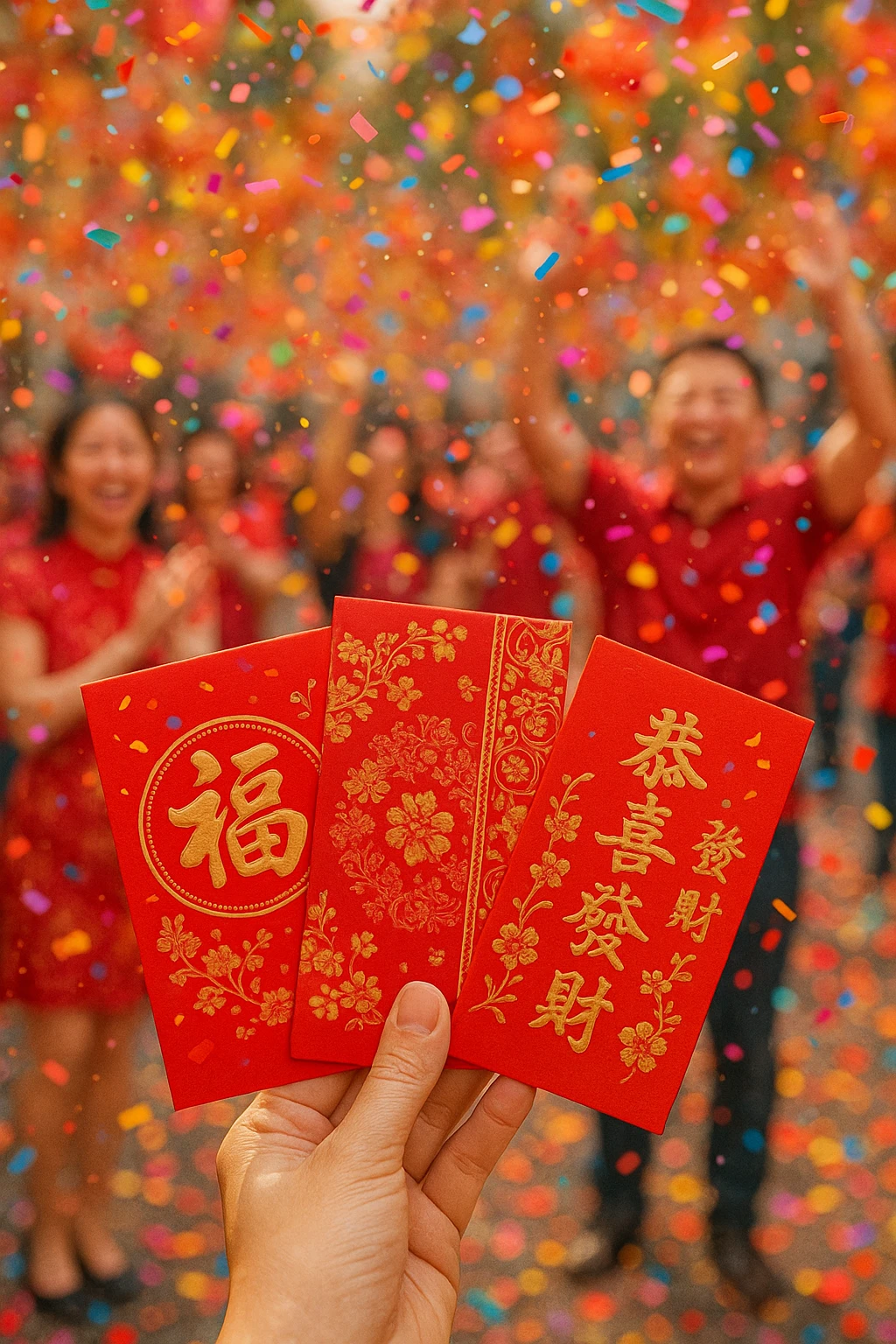 Chinese New Year red envelopes with confetti, joyful celebration emoji