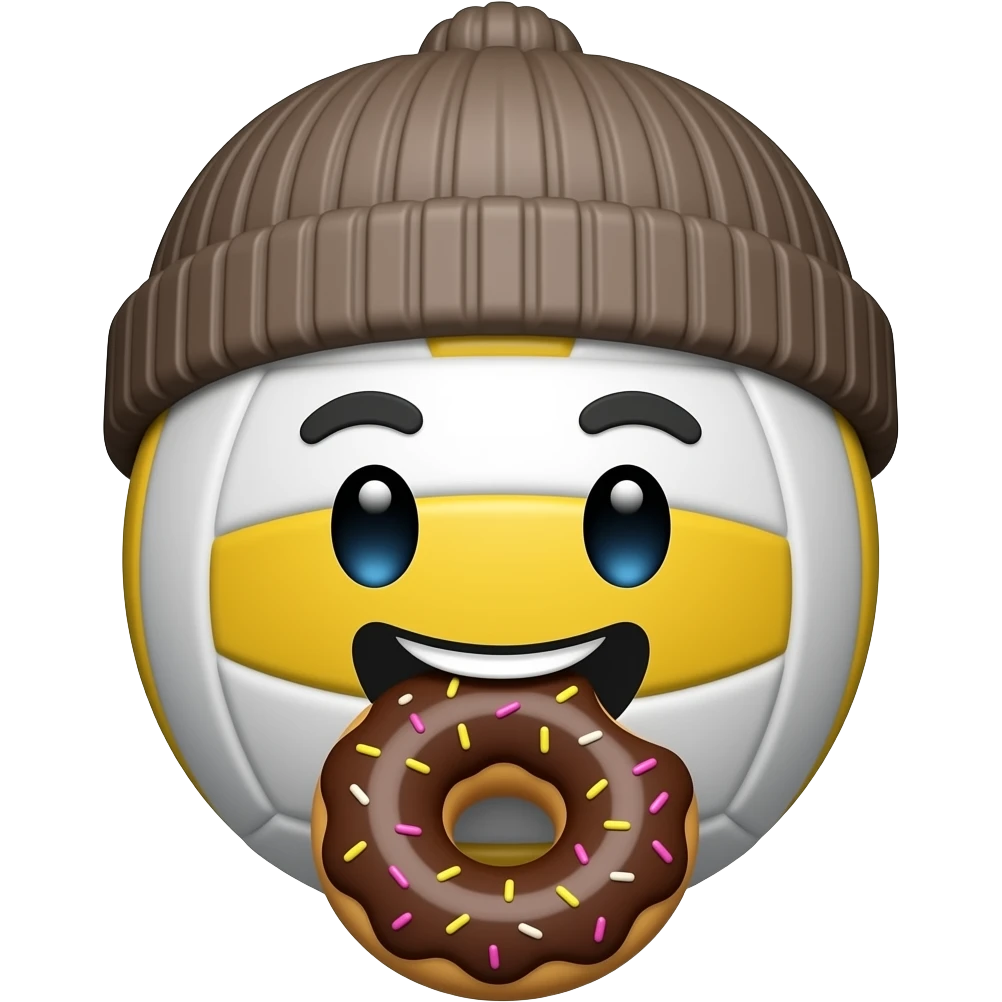 volleyball wearing a beanie eating a doughnut. just this. do not add anything else, i want the volleyball to have a face emoji