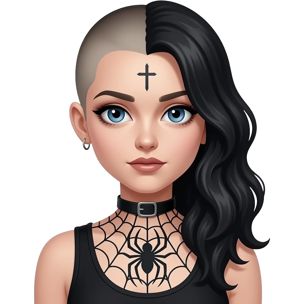 Goth girl with half of her hair shaved, the unshaved part is really long and wavy and blue eyes she has a spiderw3d tattoo on her chest and a small cross tattoo on her temple emoji