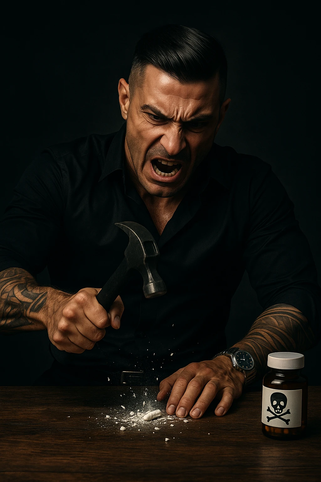 "Angry man crushing prescription pill with hammer on wooden table, expression of righteous fury against medical establishment, pill fragments scattering like defeated enemy, medicine bottle labeled with skull and crossbones in his mind, dramatic lighting showing his determination to reject pharmaceutical control, freedom from chemical dependency symbolized through destruction" emoji