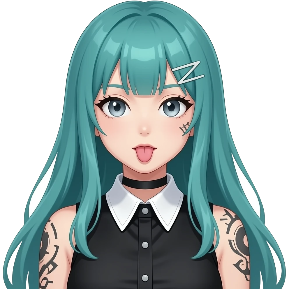 anime girl, thinking, tongue out, face tattoos, long flowing teal hair, grey eyes, black shoulder cyberpunk blouse with fancy white collar emoji