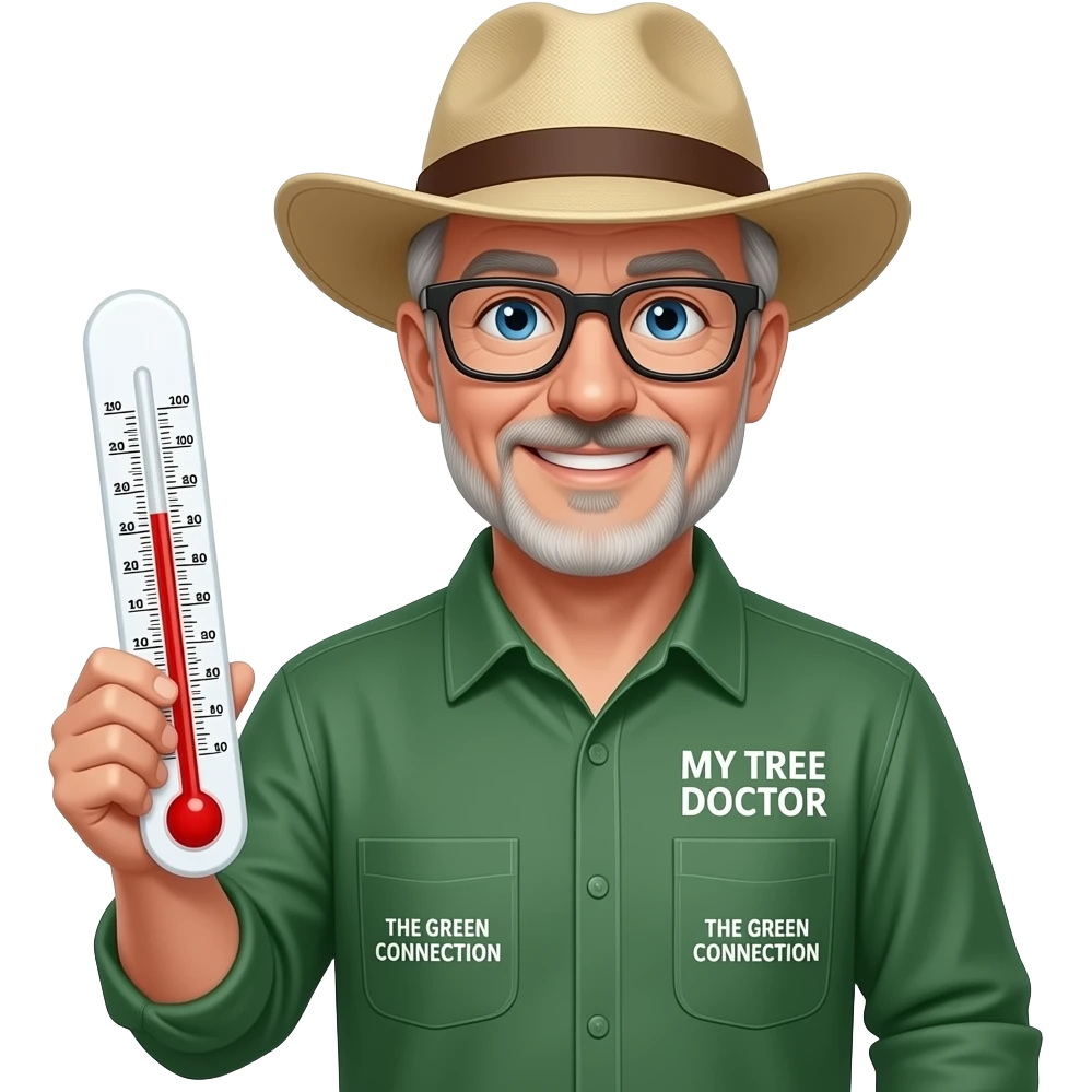 Smiling middle-aged man blue eyes. Dark rectangle glasses, in green-collared, long-sleeve shirt.  Flatter wider-brim Australian Akubru hat. Holding a large thermometre. Insert 'THE GREEN CONNECTION' in white directly onto the left pocket & onto the right pocket, place only the words 'MY TREE DOCTOR' emoji