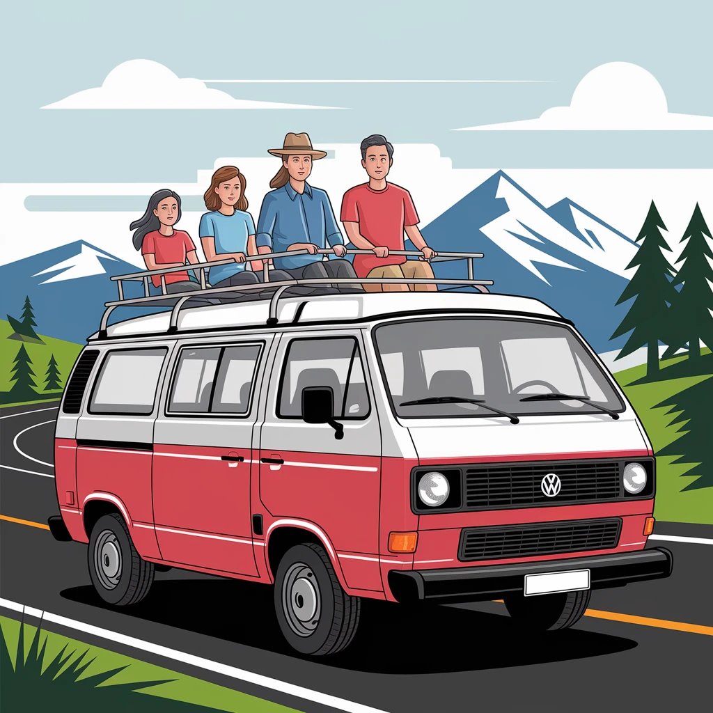 color vector art with thin outline of family on road trip with volkwagon van emoji