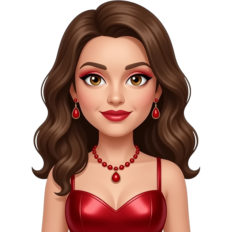 Maxine Jones from En Vogue with hazel eyes, long brown hair, red eyeshadow and lipstick, red metallic sweetheart dress, red necklace and earrings emoji