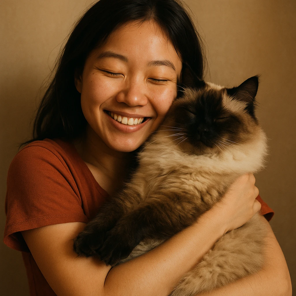 Asian girl holding her fluffy Siamese cat tightly, both content, simple background, focus on their bond emoji