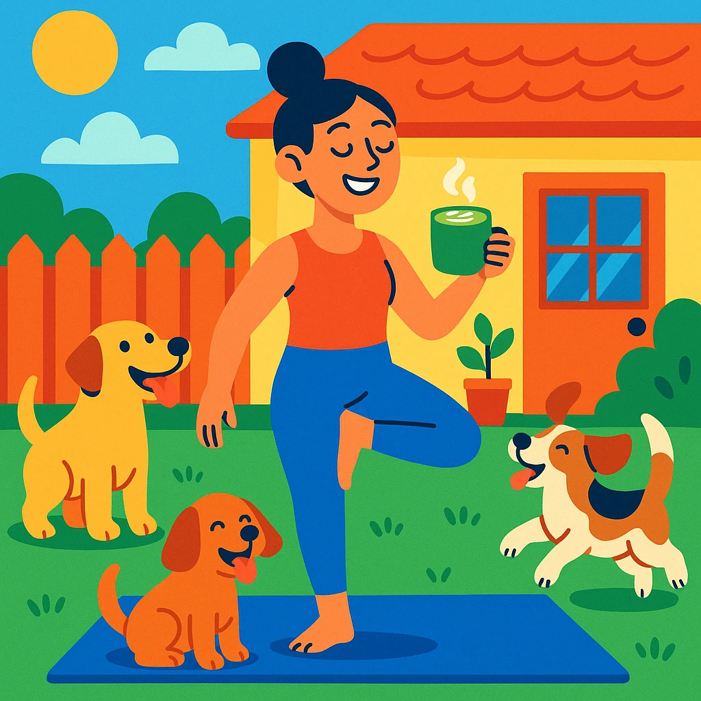 woman doing yoga in a house with a yard, holding a matcha latte, surrounded by dogs, vibrant and inviting scene emoji